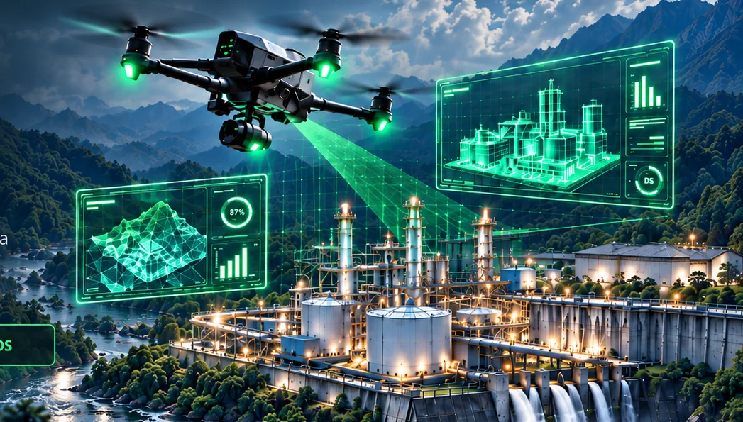 Dron de inspección sobre infraestructura industrial con visualización de datos tridimensionales