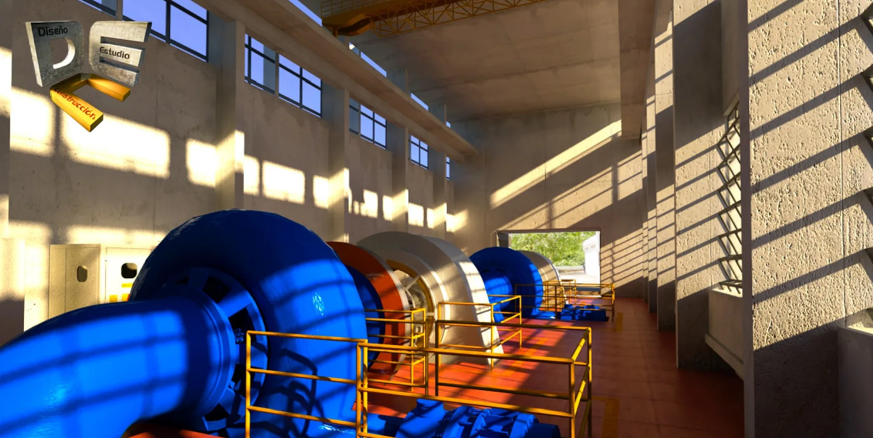 Render de una central hidroeléctrica con turbinas y equipo de generación